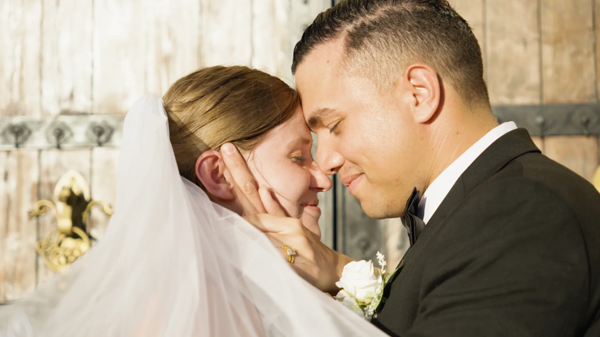 Black and white cinematic wedding couple portrait